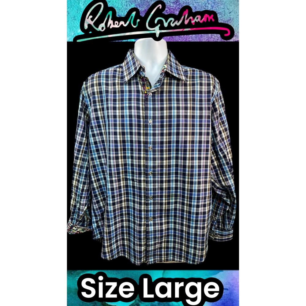Robert Graham Men Blue Plaid Button Down Shirt Size Large